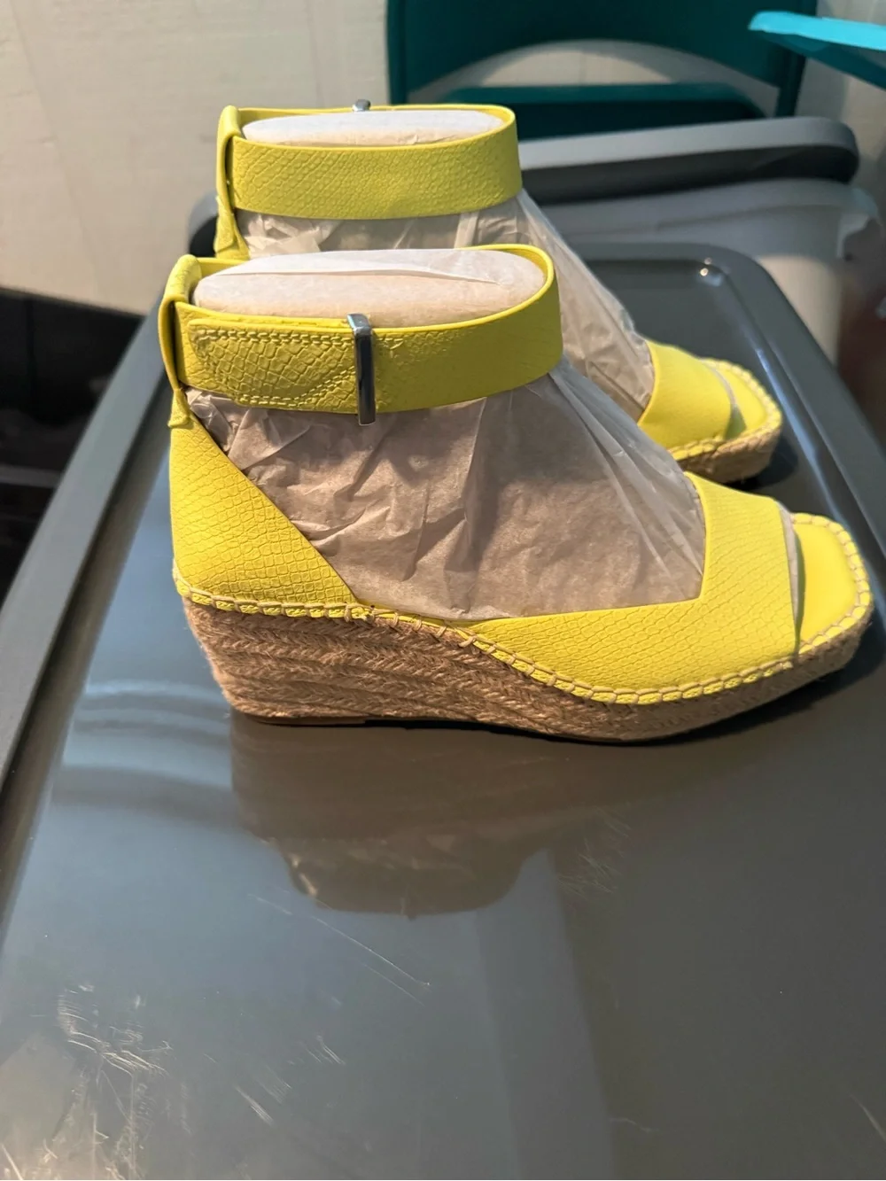 (NWT) Franco Sarto Yellow Espadrille Wedge Sandals with Ankle Strap